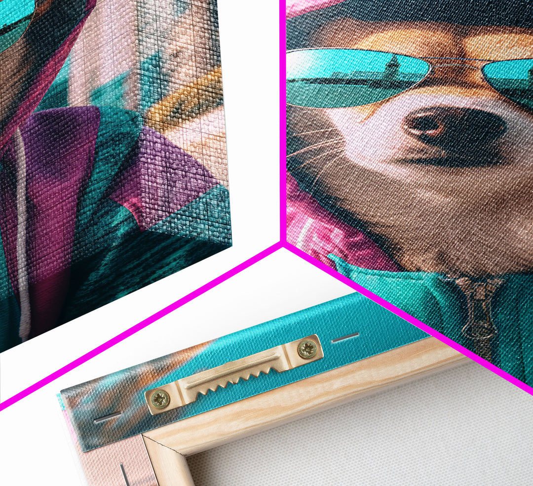Corgi In Pink And Blue Hoodie Sunglasses Wall Print, Dog Art Print, Dog Portrait, Framed Wall Art, Framed Canvas, Wall Print, Wall Canvas