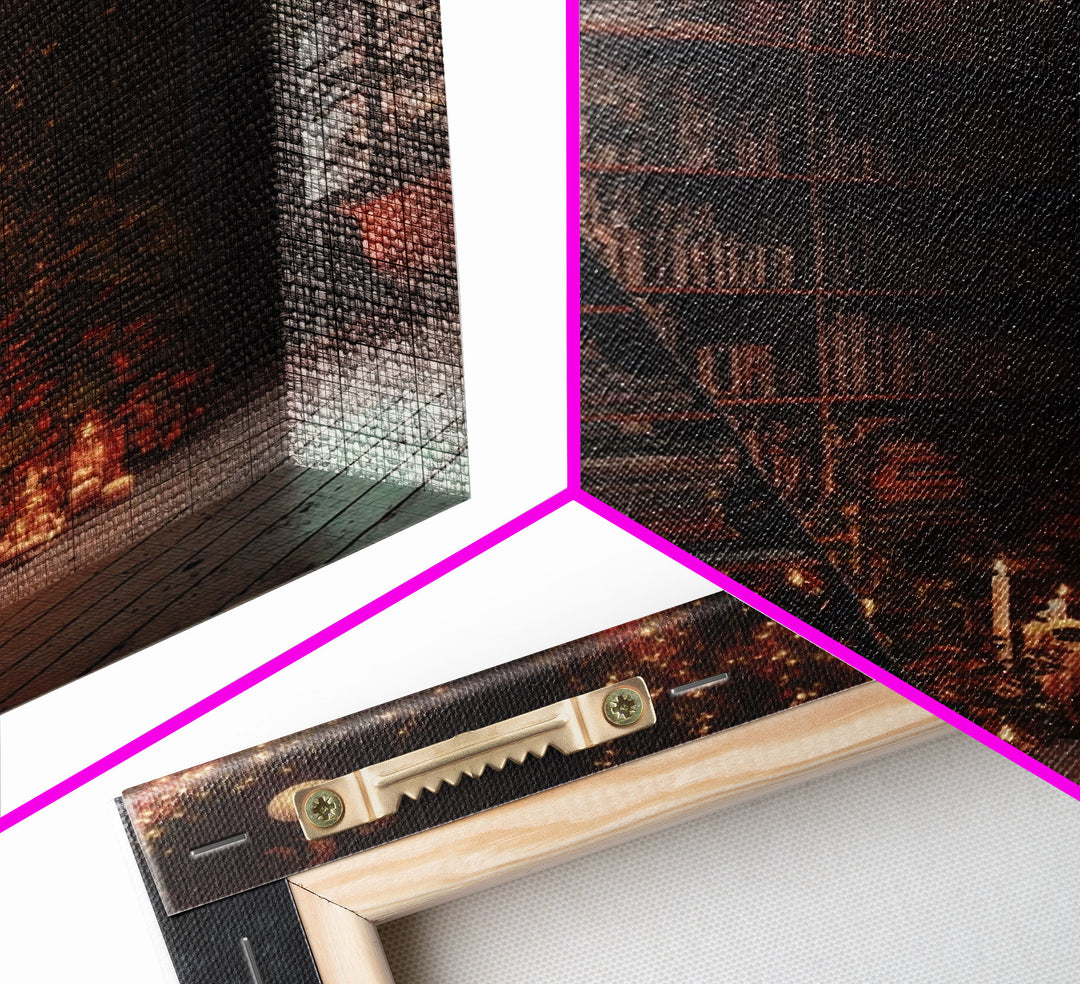 The Winter Library, Victorian Era Library with Ladder Art, Framed Canvas Print, Unique wall decor