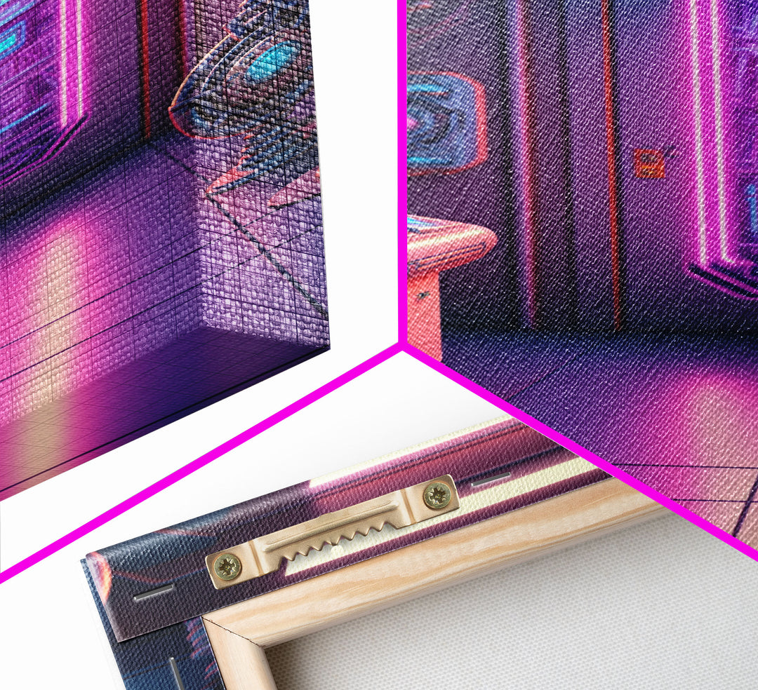 Vaporwave Futuristic Cyberpunk Space Ship Control Room, Framed Canvas Print, Scifi Art