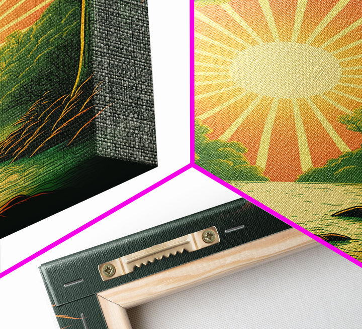 Retro Style Sunset Art, Art Deco Style Landscape Decor, Framed Canvas Print, Sunrise Golden Hour Art