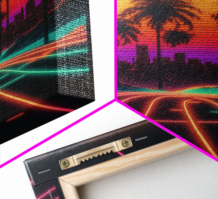Neon Wireframe Road at Sunset, Outrun / Synthwave Palm Tree Art, 80s Retro Inspired Art, Framed Canvas Print