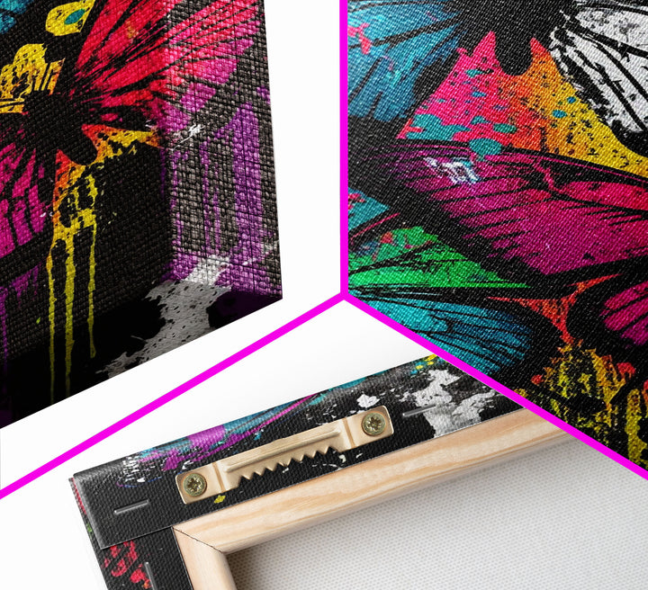 Graffiti Butterfly Art, Framed Canvas Print, Large Wall Art, Contemporary Punk Art, Butterflies, Pop Art, Paint Splatter Art