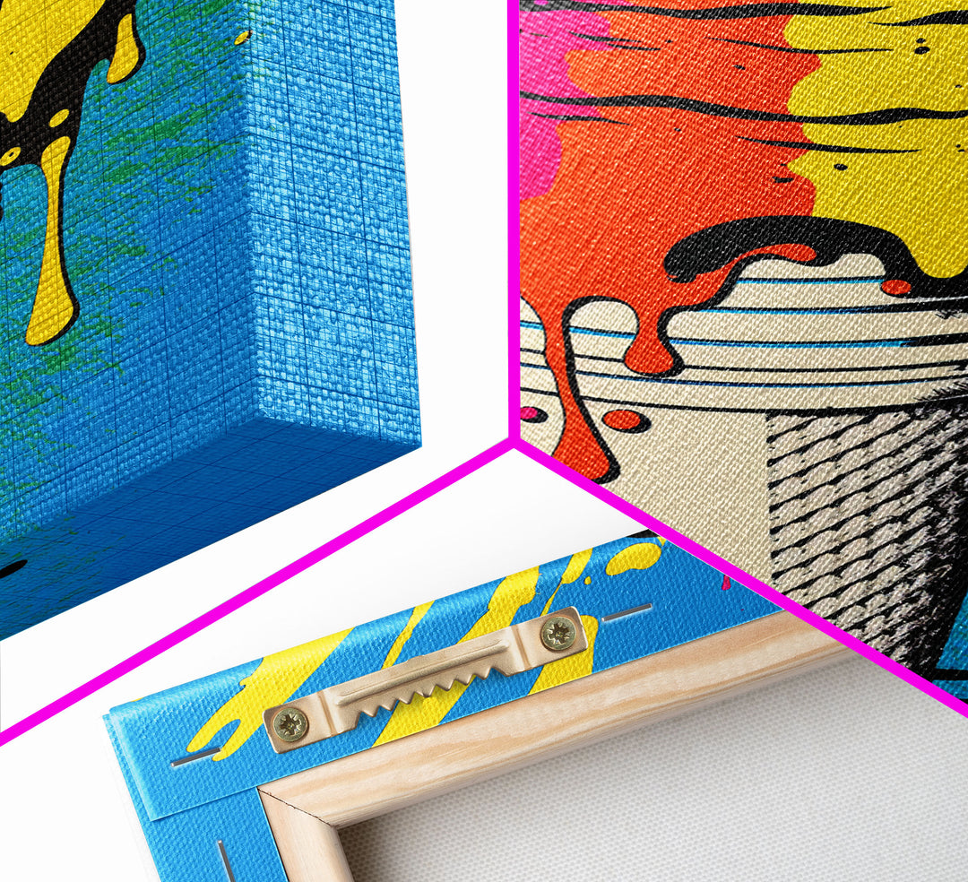 Pop Art Graffiti Ice Cream, Framed Canvas Print, Unique Colorful Wall Art, Paint Splatter Graffiti art, large wall art home decor