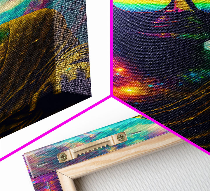 Open Your Mind, Psychedelic Buddha Wearing Aviators / Sunglasses, Meditation Art, Framed Canvas Print, Color Pop Art