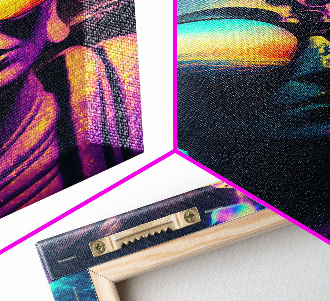 Open Your Mind, Psychedelic Buddha Statue Wearing Aviators / Sunglasses, Meditation Art, Framed Canvas Print, Color Pop Art