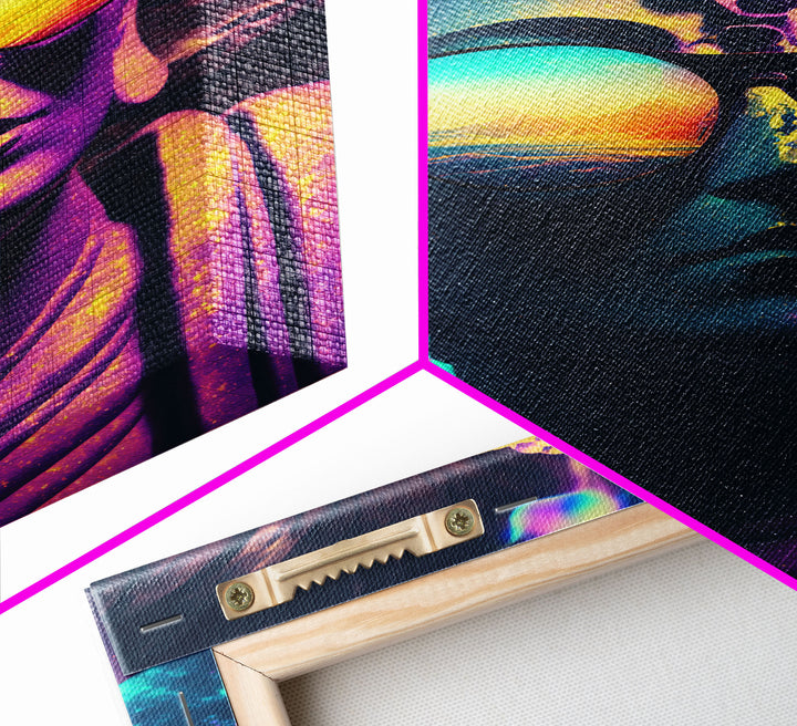 Open Your Mind, Psychedelic Buddha Statue Wearing Aviators / Sunglasses, Meditation Art, Framed Canvas Print, Color Pop Art