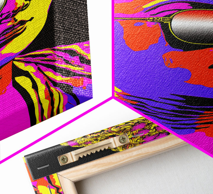 Heatwave Buddha Statue Wearing 80s Style Sunglasses, Framed Canvas Print, Psychedelic Meditation Buddhism Art, Art Deco Sunburst Buddha Art