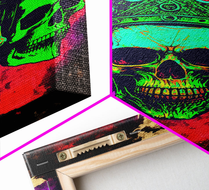 Psychedelic Skull With The Gold Crown, Framed Canvas Print, Unique Fantasy Undead Wall Art, Trippy Art