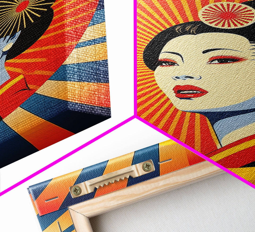 Portrait of a Geisha, Pop Art Style, Art Deco Sunburst, Framed Canvas Print