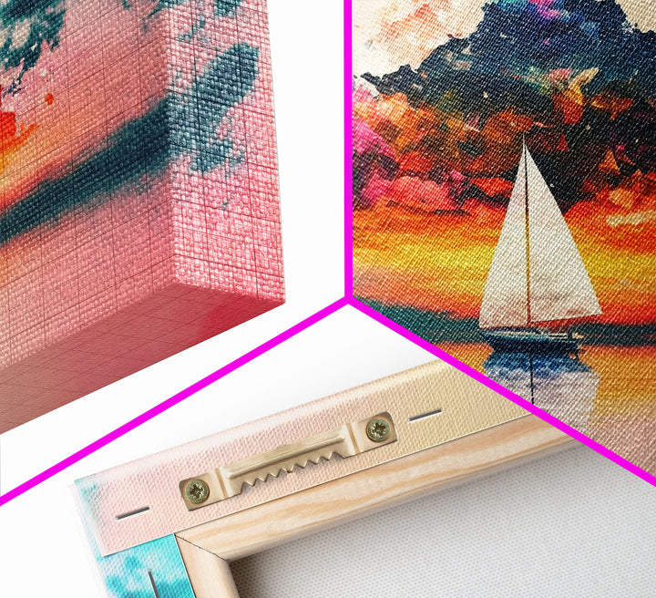 Sailing at Sunset, Watercolor, Framed Canvas Art, Stretched Canvas Print, Nautical Sailing Outrun Style Sunset Art