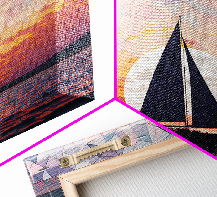 Sailing Under a Stained Glass Sky, Framed Canvas Print, Canvas Art, Nautical Art Deco Style Sunset Art