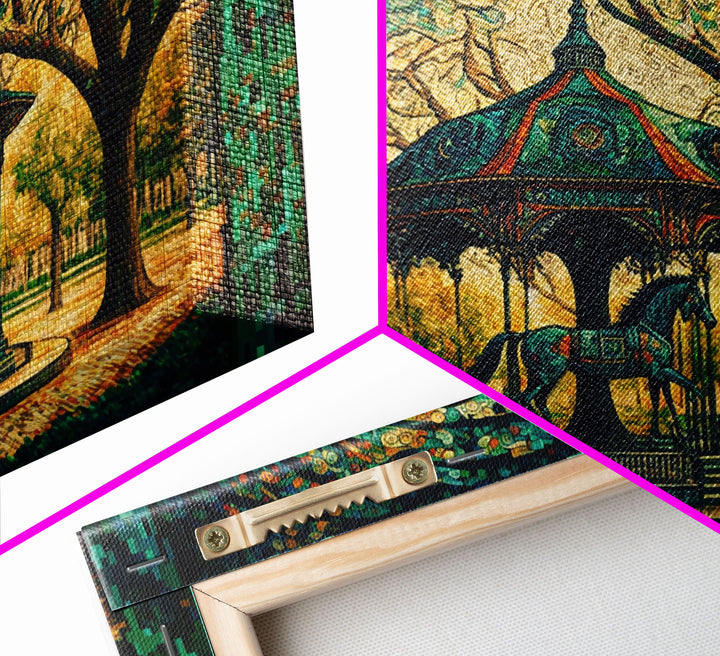 Framed Canvas Print, Painting of a Vintage carousel, Stained Glass Style Wall Art