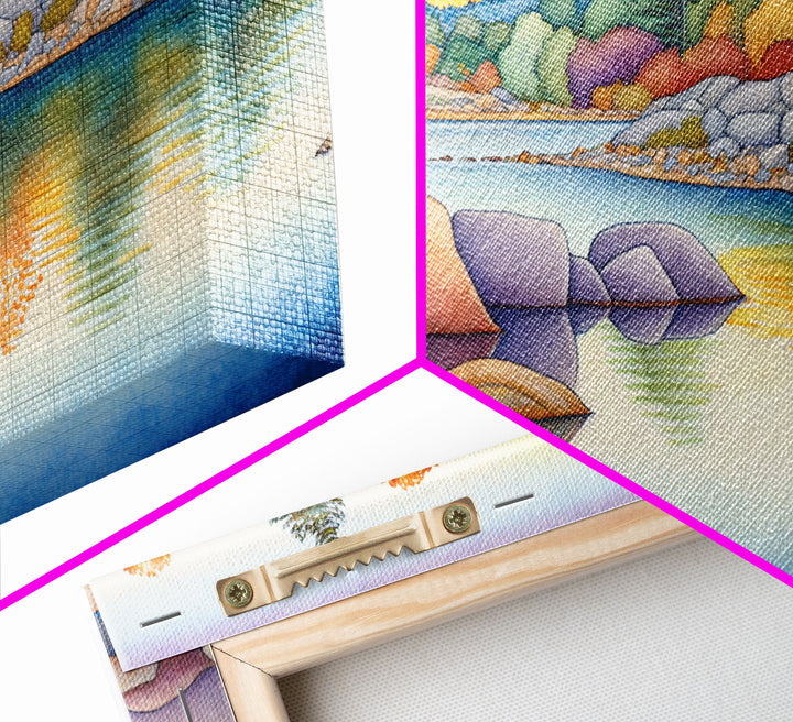 Whimsical Light Tones Watercolor Landscape, Framed Canvas Print, Watercolor Painting, Cottagecore, Farmhouse Art