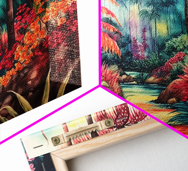 Tropical Jungle Paradise Watercolor, Framed Canvas Print, Canvas Art, Colorful Jungle Painting
