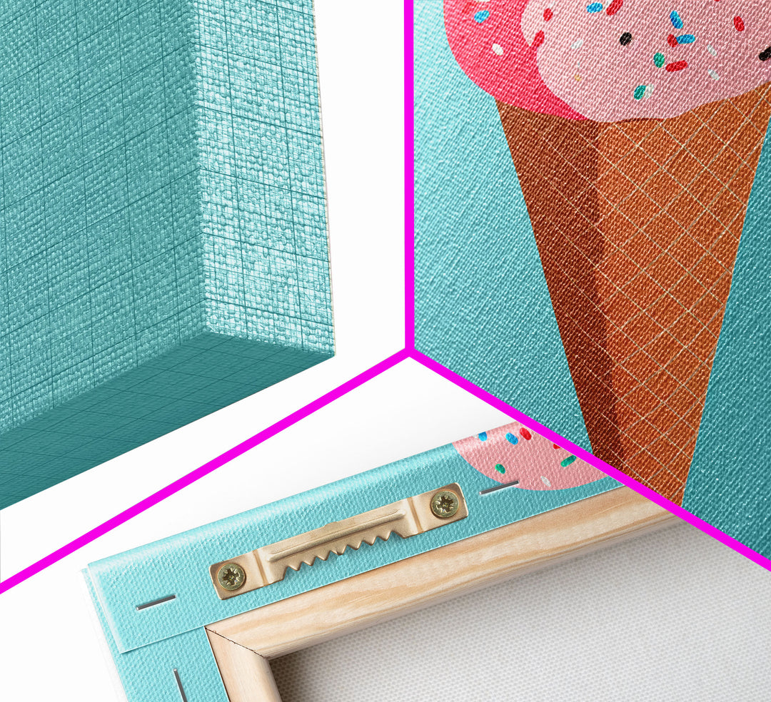 Pop Art Ice Cream Cone With Sprinkles, Retro Style Framed Canvas Print Art, Turquoise Art, Vintage Inspired Ice Cream Shop Wall Art