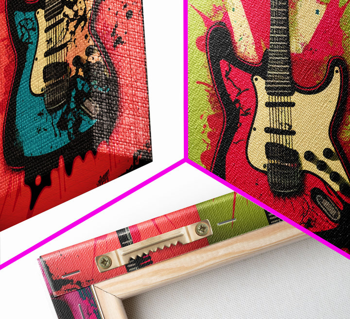 Electric Guitar Pop Art, Instrument Drawings, Framed Canvas Print, Pop Art, Graffiti Splatter Art, Large Living Room Wall Decorr