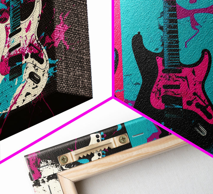 Electric Guitar Graffiti Punk Pop Art, Instrument Drawings, Framed Canvas Print, Pop Art, Splatter Art, Large Living Room Wall Decorr