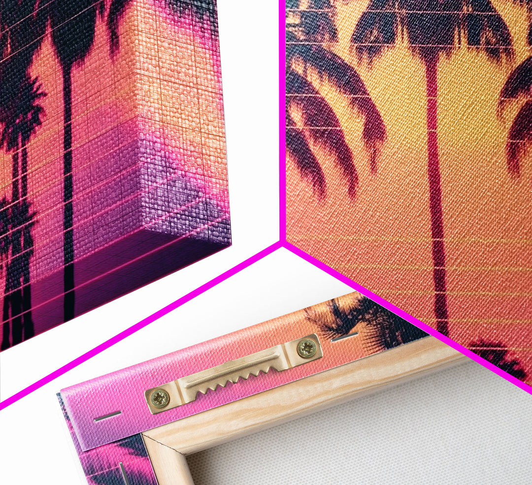 Synthwave Sunset Art, Framed Canvas Print, Palm Tree 80s Vibe Wall Art