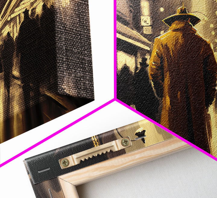 The Man in The Trench Coat, Framed Canvas Print, Time Lapse Watercolor Painting, Subdued Office Wall Art, Noir Art