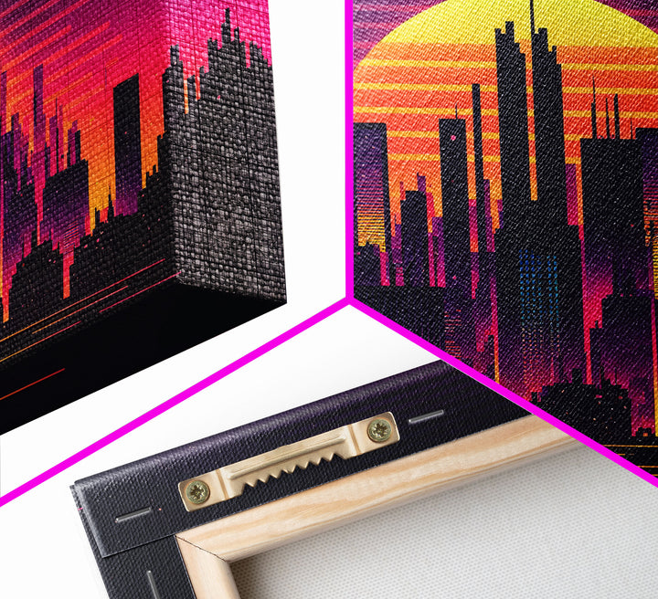 Outrun Style Futuristic Cyberpunk City Skyline at Sunset, Concept art, framed canvas print, dystopian art