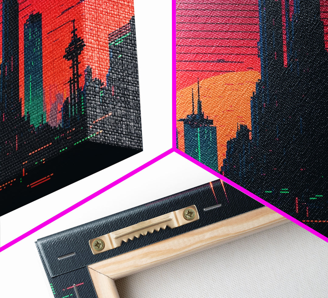 Outrun Style Pixel Art Futuristic Cyberpunk City Skyline at Sunset, Concept art, framed canvas print, dystopian art