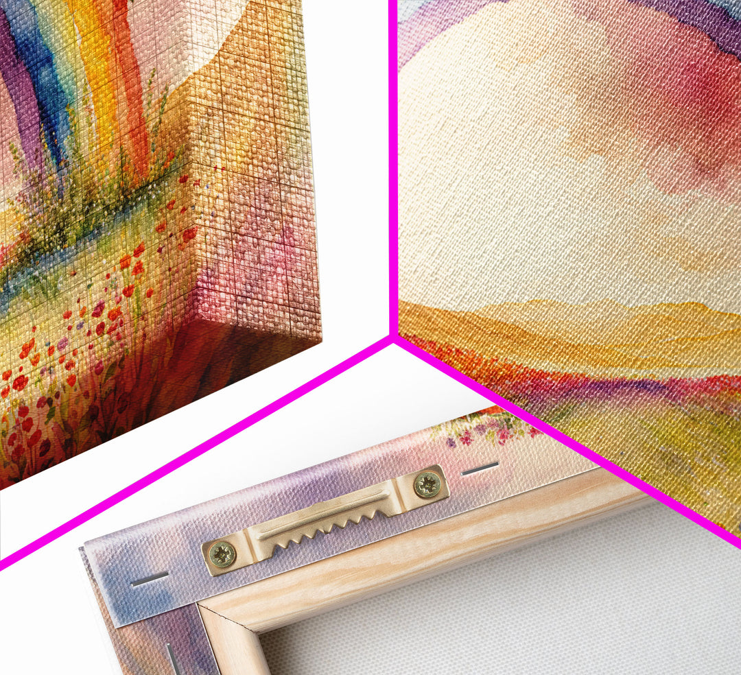 Watercolor of a Rainbow With Flowers, Framed Canvas Print, Framed Wall Art, Huge Framed Living Room Wall Decor, Rainbow and Flowers, Floral