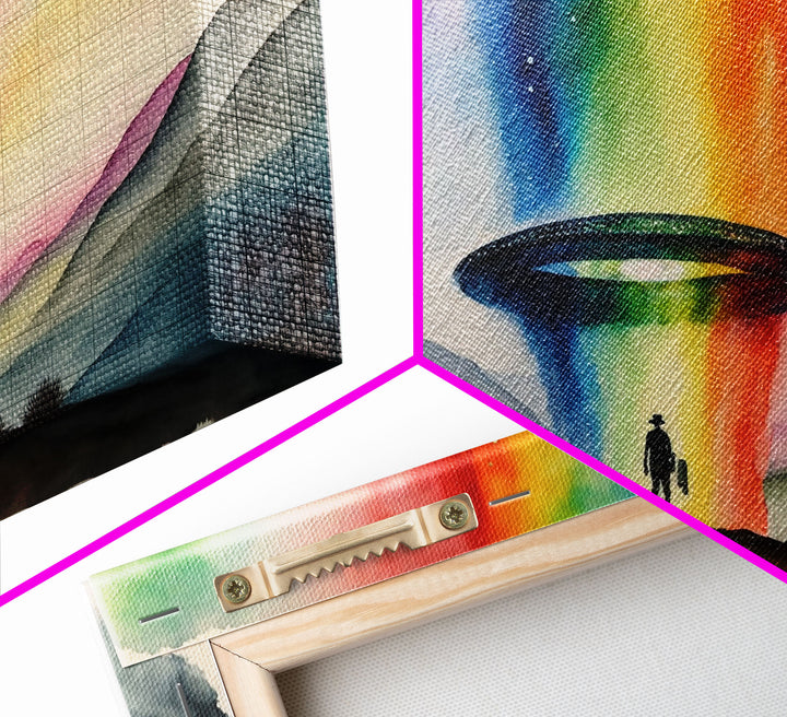 The Abduction, Rainbow UFO Art, Watercolor, Framed Canvas Print, Science Fiction Wall Decor