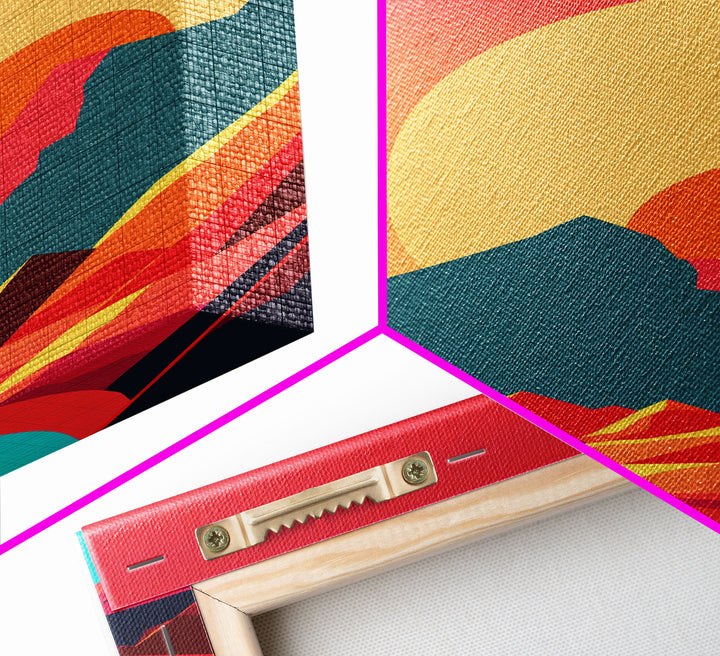 Outrun Style Art Deco Desert Sunset, Framed Canvas Print, Retro Style 80s Vibe Wall Decor, Office Art, Game Room Decor, Living Room Art