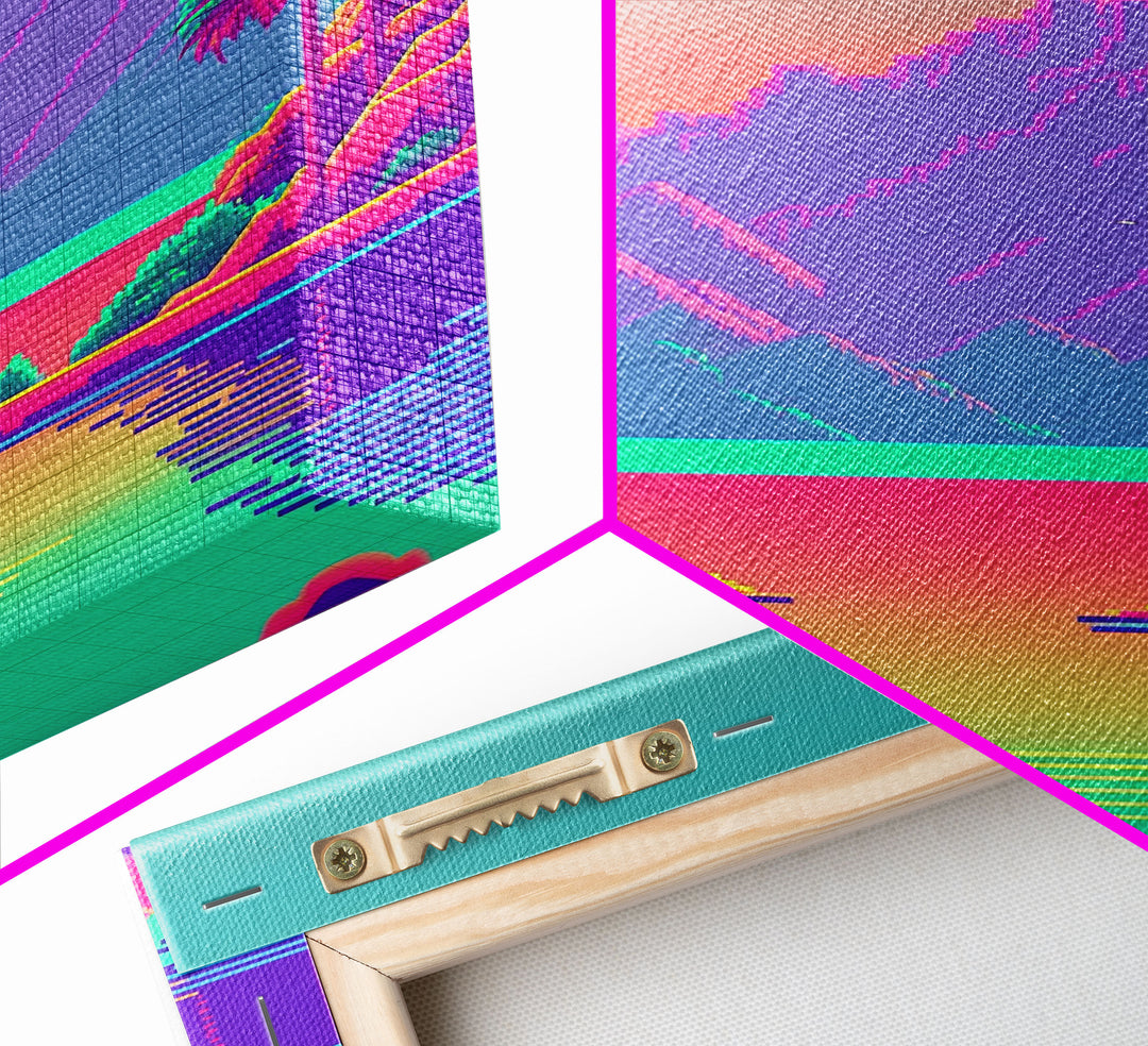 Retro Vaporwave Aesthetic Pixel Art Sunset, Turquoise and Pink Fantasy Landscape Art, Gamer Decor, Game Room Art