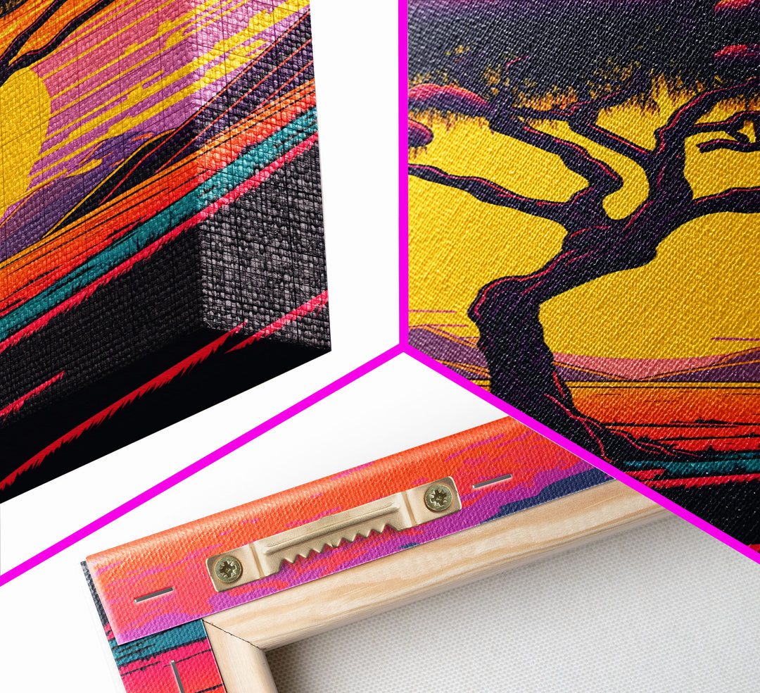 Weeping Willow At Sunset, Retro Style MCM Art, Framed Canvas Print, Trendy Wall Prints, Landscape and Sunset Outrun Art
