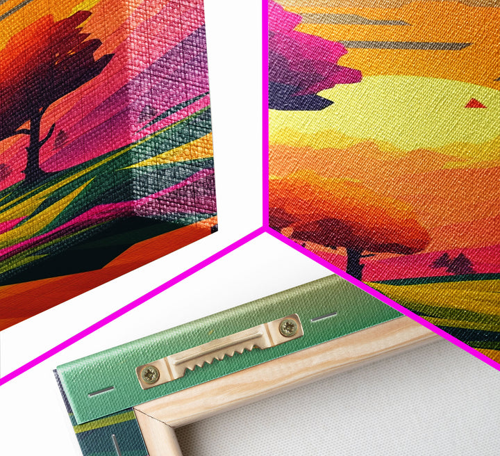 Retro Pop Art Landscape Art At Sunset, Framed Canvas Print, Outrun Style Trees and Sunset, Living Room Art