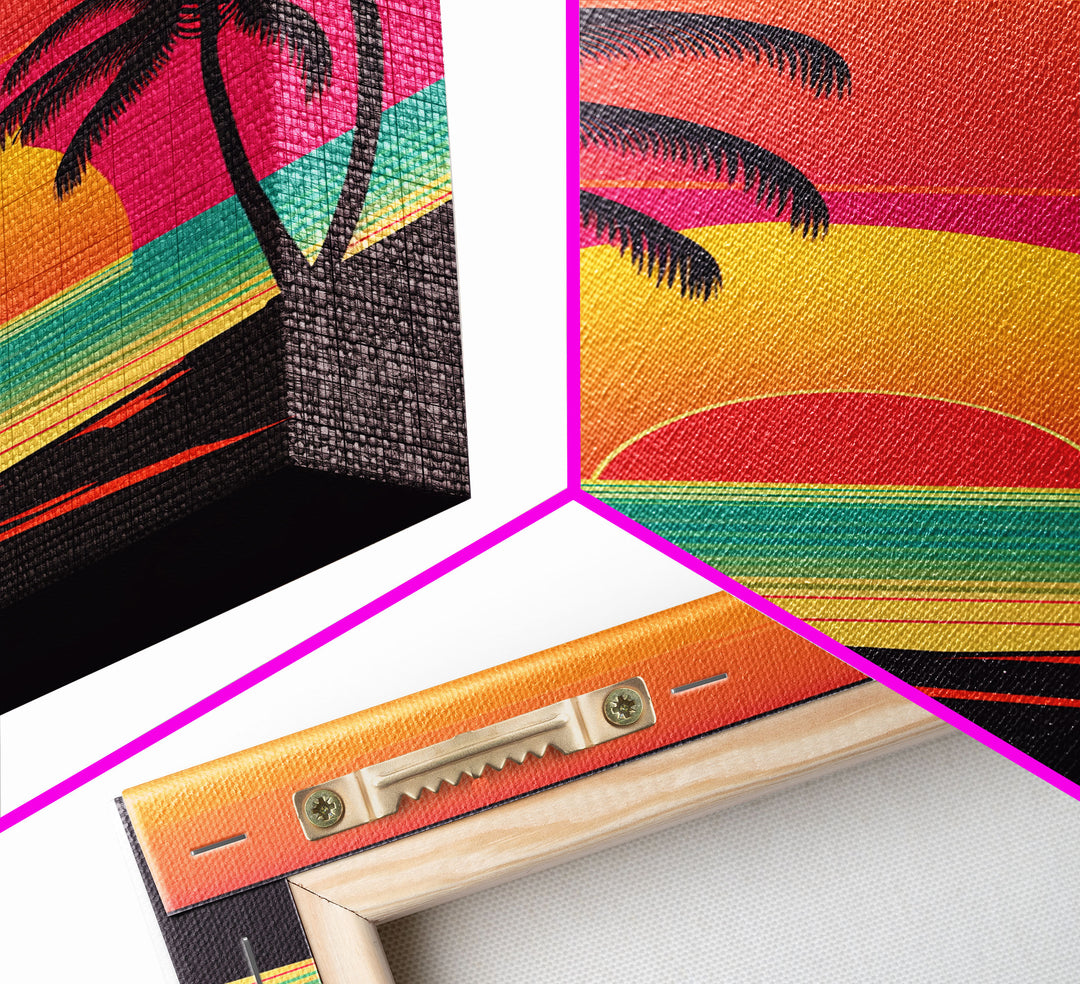 Retro Beach Vibes, Palm Trees at Sunset, Retrowave Landscape Art, Framed Canvas Print,  Florida Art, California Art, Game Room Decor