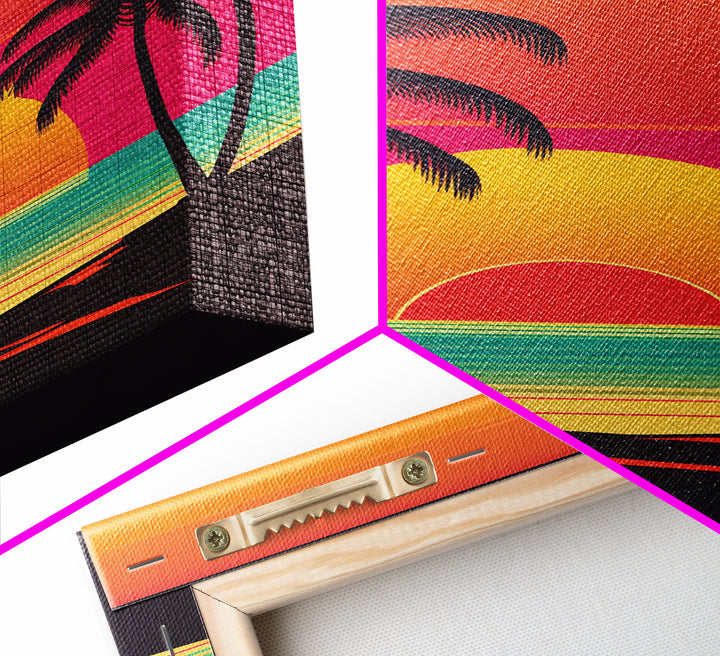 Retro Beach Vibes, Palm Trees at Sunset, Retrowave Landscape Art, Framed Canvas Print,  Florida Art, California Art, Game Room Decor