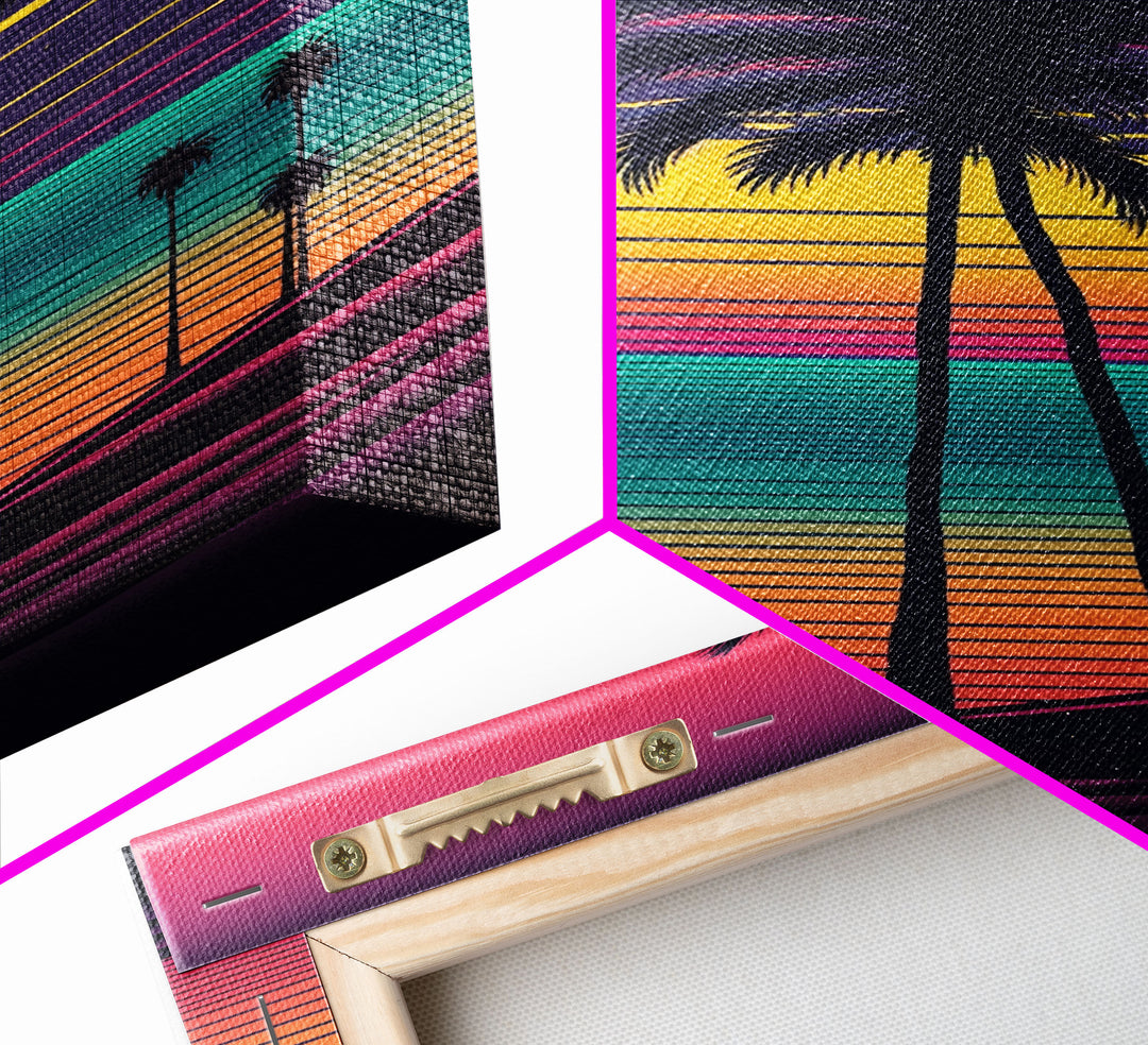 Framed Canvas Print | Synthwave Sunset with Palm Trees | Home Decor | Ready to Hang | Retro Style Decor