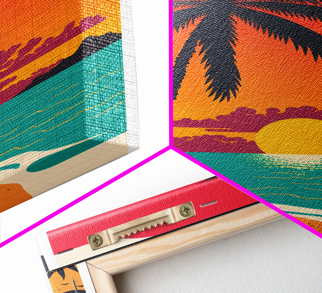 Framed Canvas Print - Art Deco Sunset, Beaches, Minimalist Palm trees - Island Vibes - Retro Tropical Art - Pop Art Beach Decor