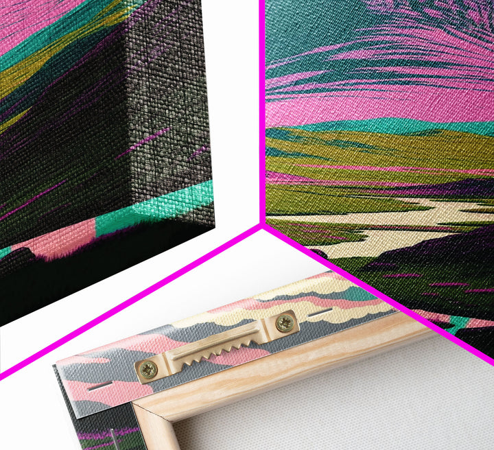 Retro Style Purple Mountain Landscape, Framed Canvas Print, MCM Style Art, Framed Wall Art, Wall Decor, Living Room / Guest Room Art