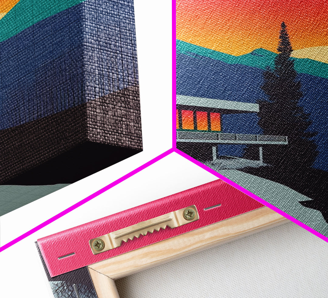 The Lodge, MCM Architecture Art, Framed Canvas Print, Midcentury Mountainside Villa, Colorado Rockies Pop Art
