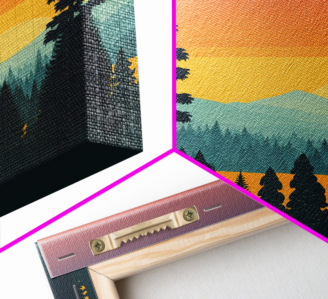 Oregon Landscape Pop Art, Framed Canvas Prints, Washington State, Pine Tree Forest and Mountain Landscape at Sunset, Vibrant Art