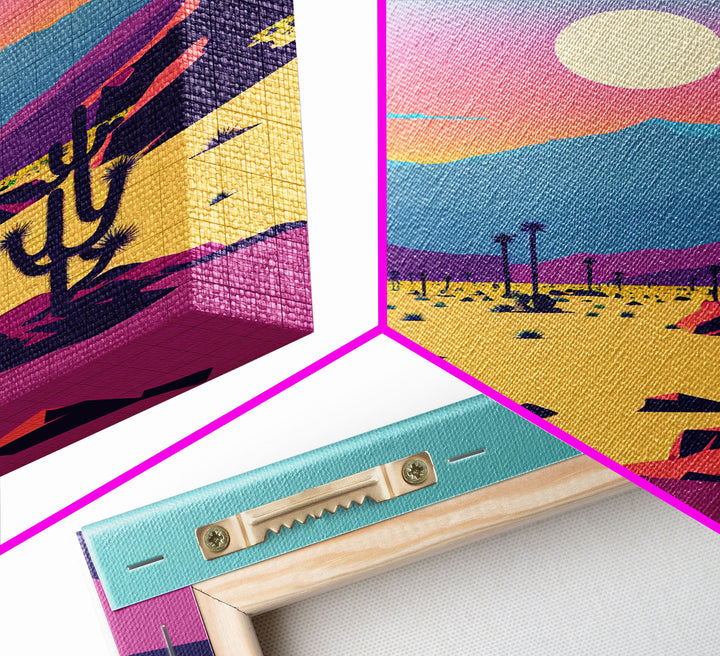 Synthwave Desert Landscape, Subdued Pastel Nature Art, Southwestern Decor, Framed Canvas Print, Pink and Turquoise Skies