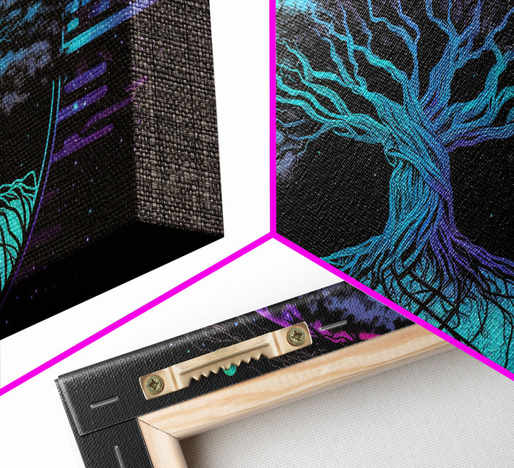 Norse Mythology Art, Synthwave Style Yggdrasil Tree of Life and the 9 Realms, Fantasy Art, Framed Canvas Print, Game Room Nordic Art