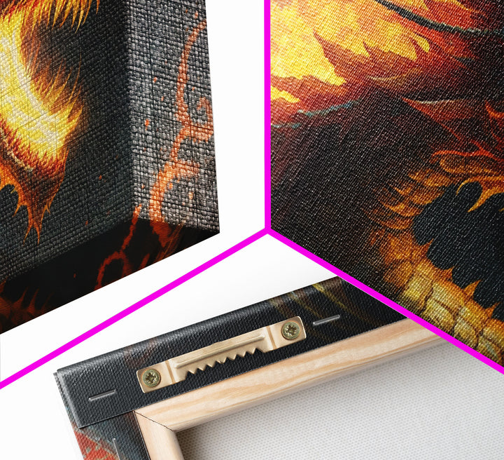 Fire Breathing Horned Dragon, Framed Canvas Print, Colorful Fantasy Wall Art, Videogame Concept Decor