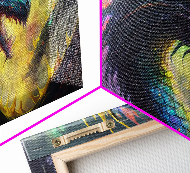 Psychedelic Fire Breathing Horned Dragon, Framed Canvas Print, Colorful Fantasy Wall Art, Videogame Concept Decor