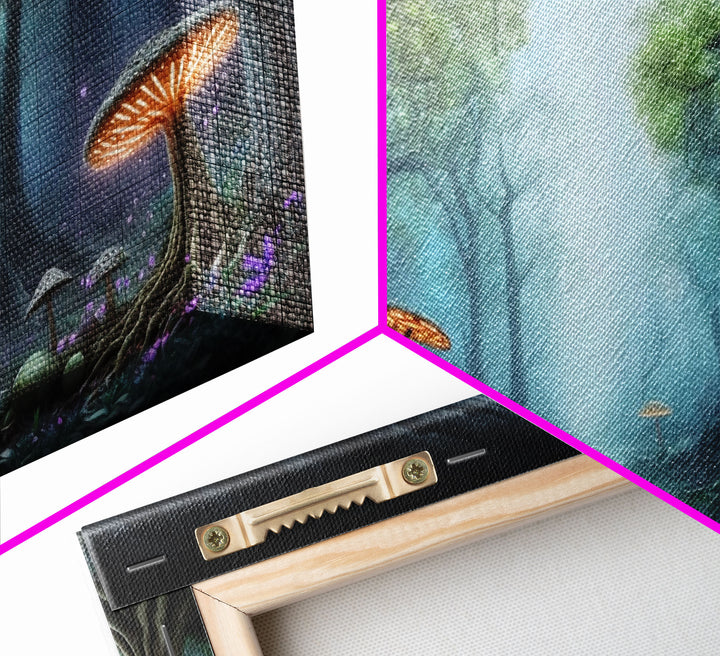 Magical Enchanted Mushroom Forest, Fantasy Art, Framed Canvas Print, Bioluminescent Butterflies in an Enchanted Forest, Glowing Art