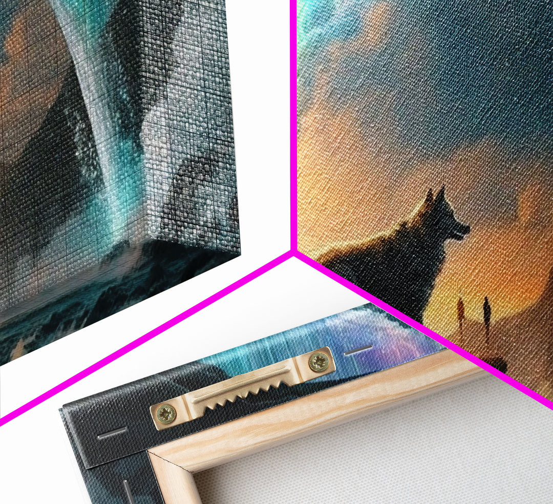 Fenrir, Mythological Wolf, With Bifrost. Norse Mythology Fantasy Art, Framed Canvas Print, Nordic Art