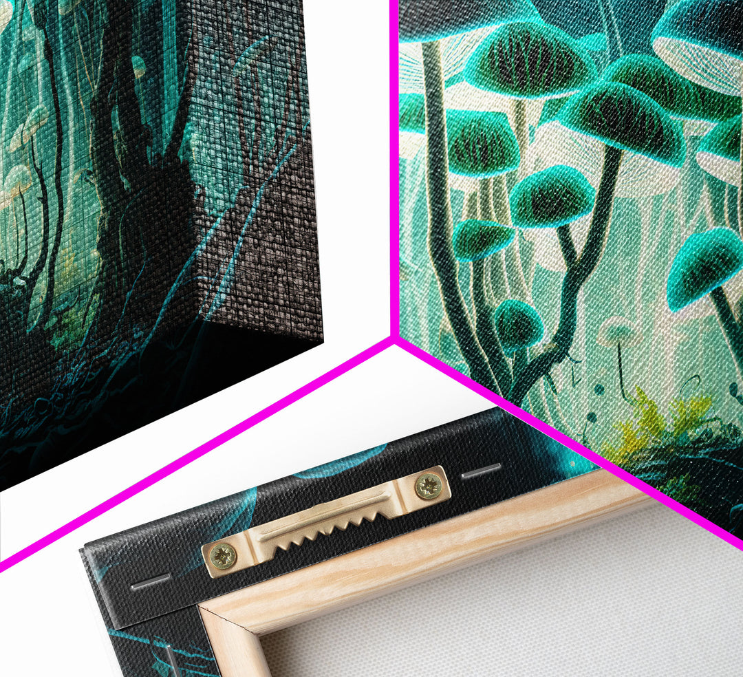 The Forest Floor, Framed Canvas Print, Glowing Mushrooms, Bioluminescent Mushroom Art, Color fantasy wall art