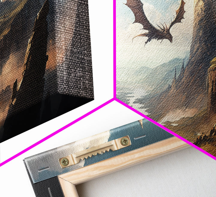 Dragons in Flight Over a Valley, Fantasy Art, Framed Canvas Print, Medieval Fantasy Art, Fire breathing dragons