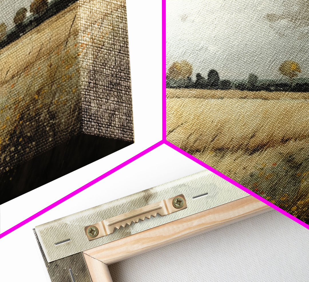 Moody Country Landscape Canvas Print Painting | Vintage Wall Art | Subdued Wall Art | Framed Canvas | Muted Monochromatic Landscape Art