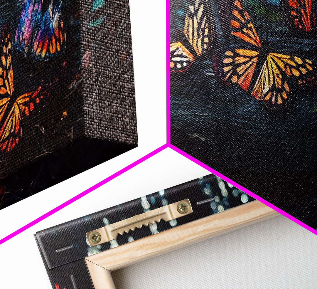 Glowing butterflies, fantasy forest wall art, framed canvas print, mother's day, mom gift, monarch butterflies