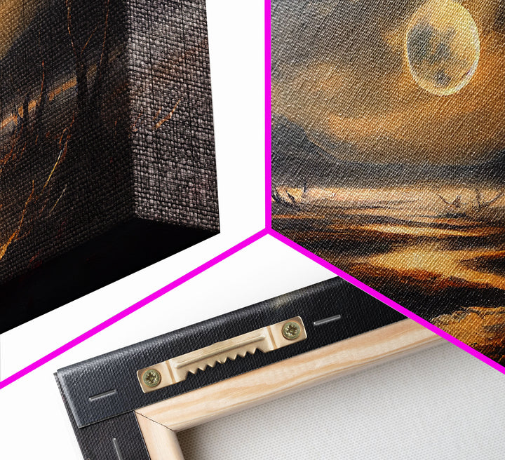 Midnight In The Swamp, Framed Canvas Print, Fantasy Art Canvas, Wall Art, Game Room Art, Full moon