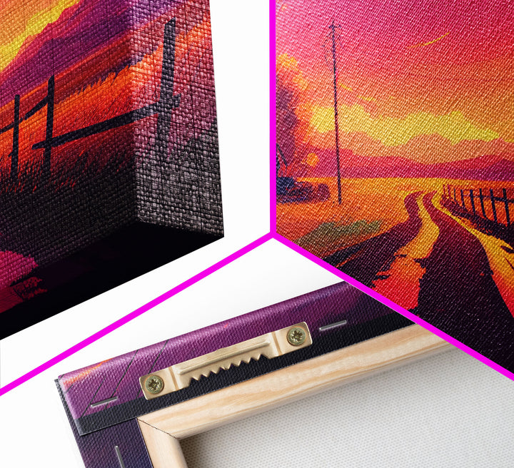 Synthwave Style Farmhouse Art, Dirt Roads, Country Roads, Sunset Art, Framed Wall Art, Canvas Print, Watercolor Wall Art Original Painting